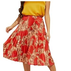 Guess by‎ Marciano Red Cream Pleated Midi Skirt